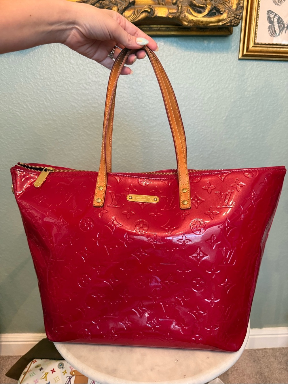 Louis Vuitton Red Patent Monogram Tote with Tan Handles